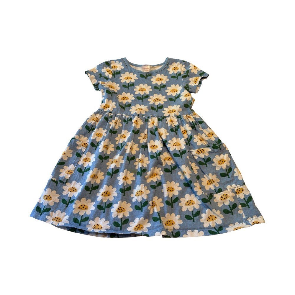 Hanna Andersson Girls Blue Daisy Floral Cotton Play Dress Pockets Size 8
